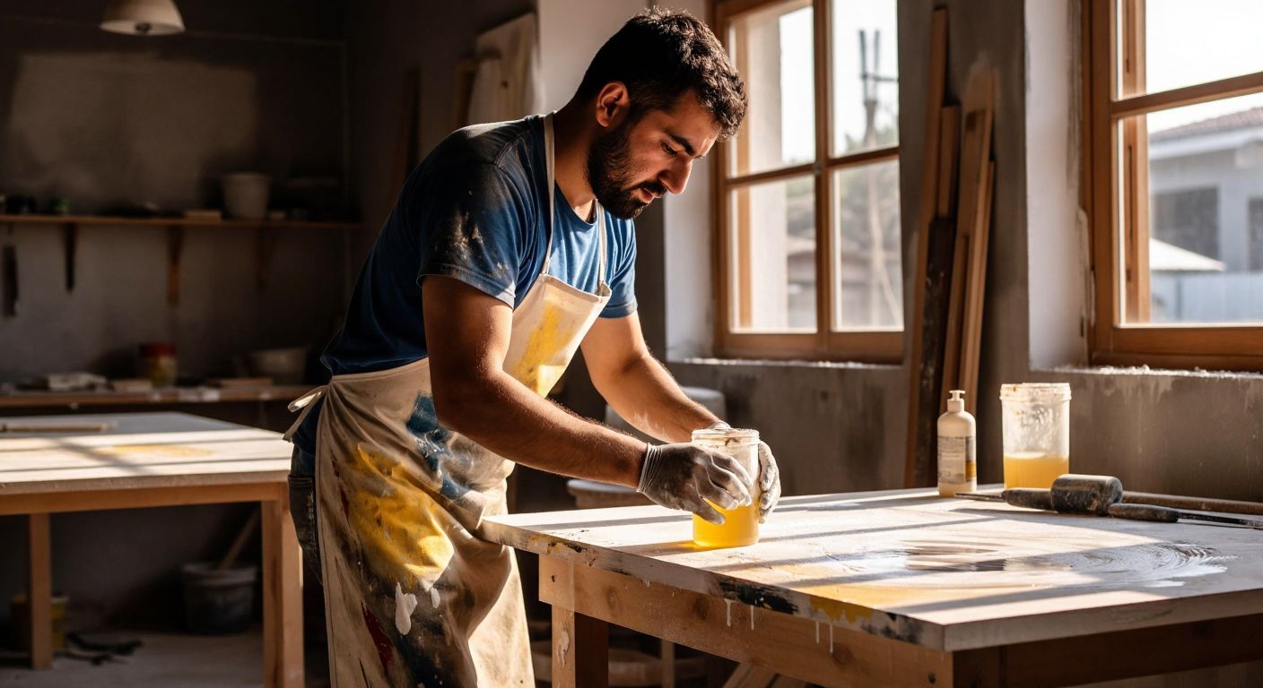 A Turkish worker in a paint-splattered apron carefully applies a clear, water-based primer to a wooden surface in a sunlit workshop.