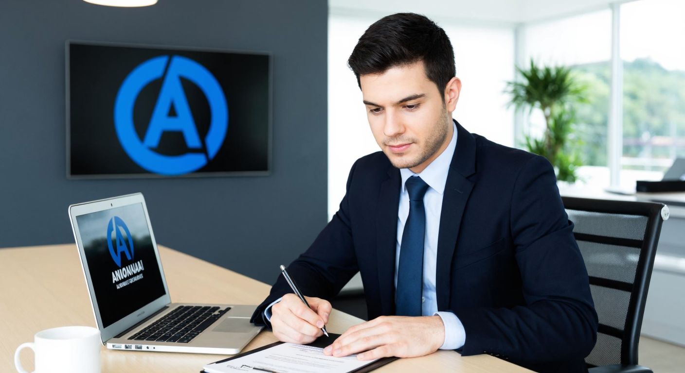 A young professional in a formal outfit sits at a desk in a modern office, confidently filling out an application form while a laptop screen displays the Anadolu Ajansı logo in the background.