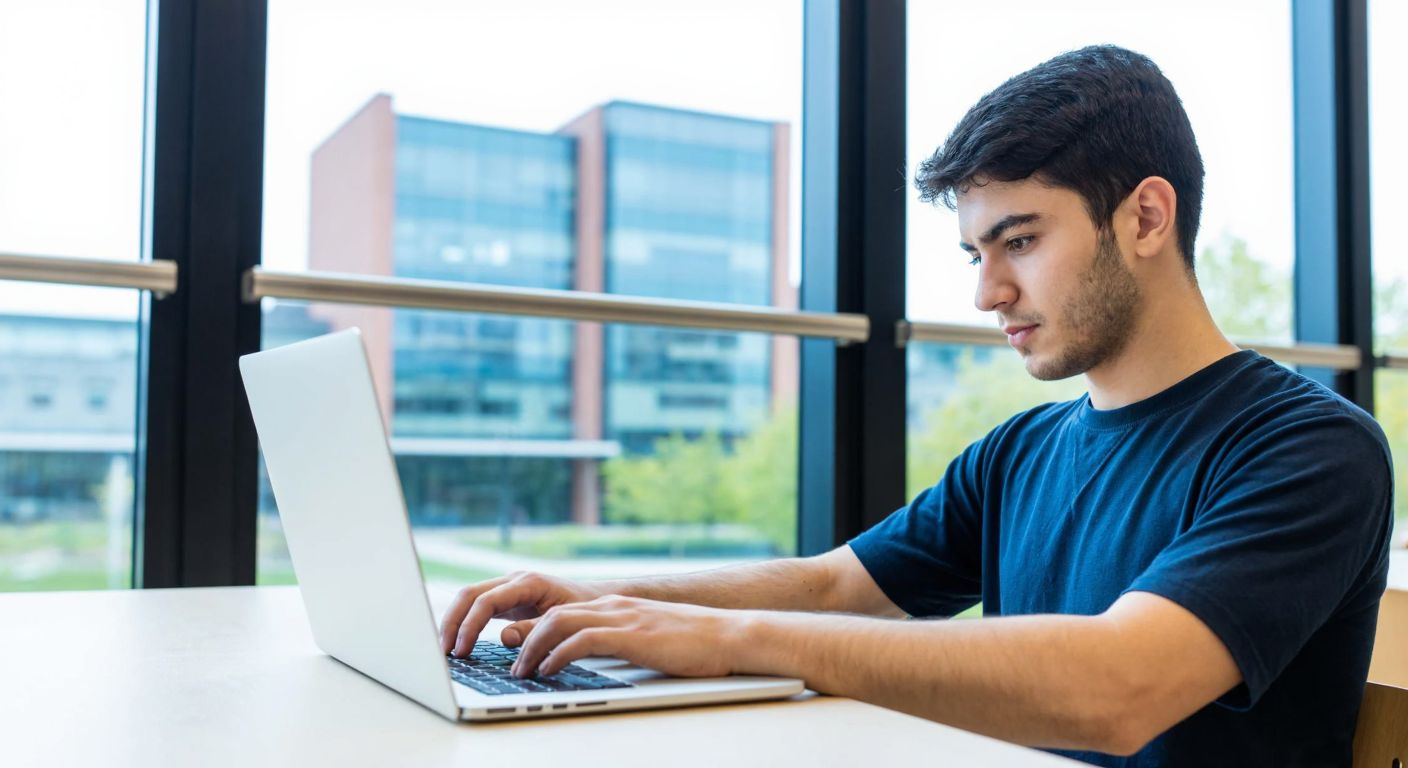 A young Turkish student in a university library, focused and determined, typing on a laptop with a modern campus building visible through the window.