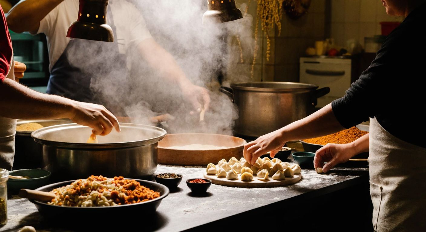A bustling Turkish kitchen with a flour-dusted countertop, hands skillfully shaping small mantı dumplings, a large steaming pot nearby, and a warm, inviting atmosphere filled with the aroma of spices.