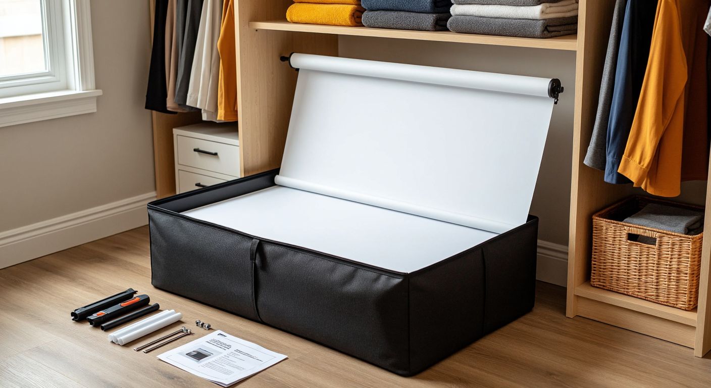 A neatly folded projection screen inside its compact, lightweight storage box placed in a clean, dry closet corner, with assembly tools and instructions tucked beside it.