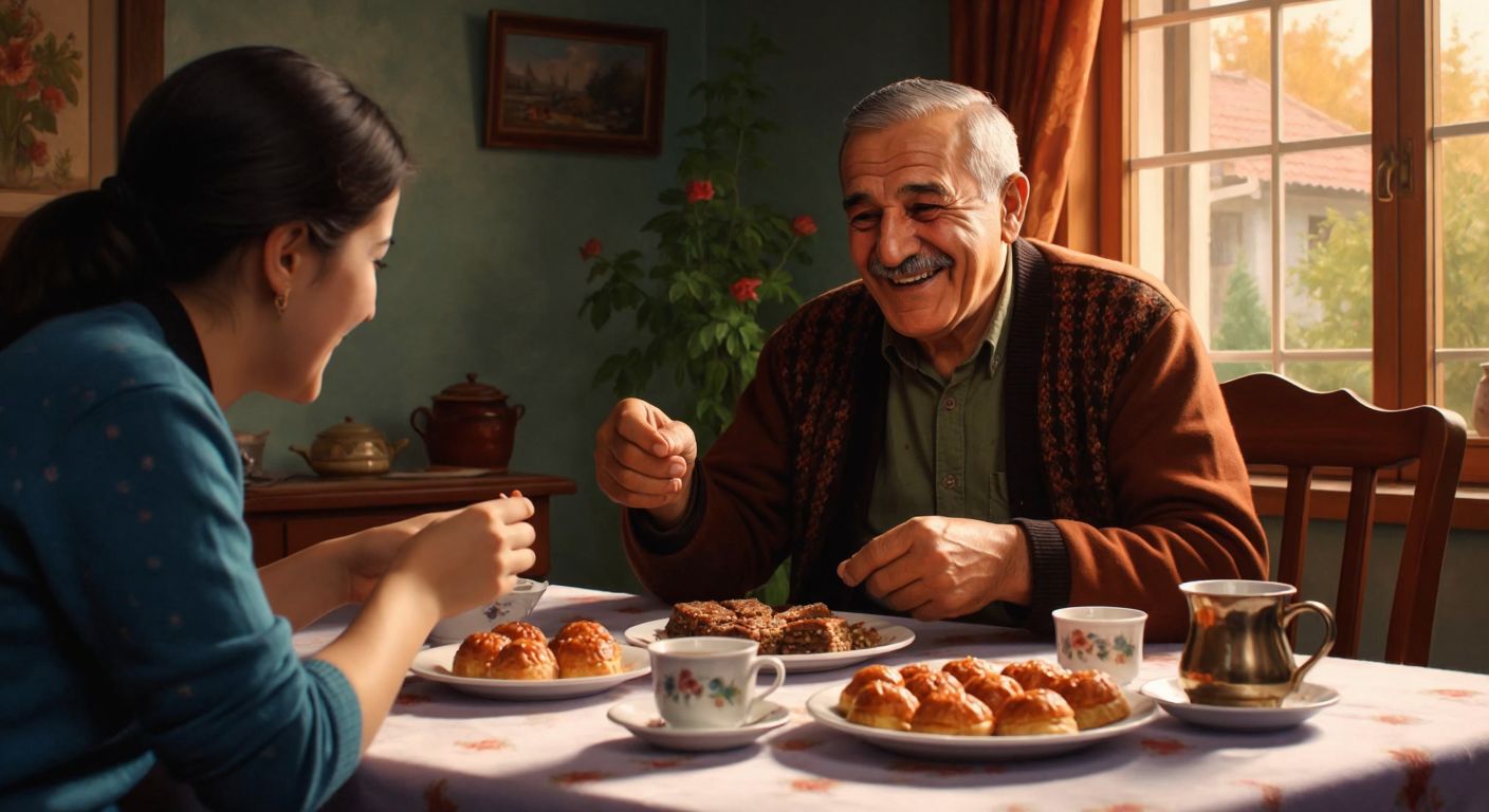A smiling elderly Turkish man in a cozy home setting offers a toothpick to a younger guest after a meal, with a table of half-eaten baklava and Turkish coffee in the background, conveying warmth and hospitality.
