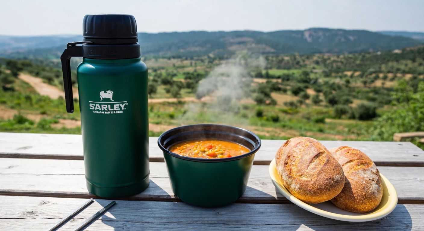 A sturdy green Stanley thermos sits on a wooden picnic table beside a steaming bowl of lentil soup and a fresh loaf of crusty bread, with a Turkish countryside landscape in the background.