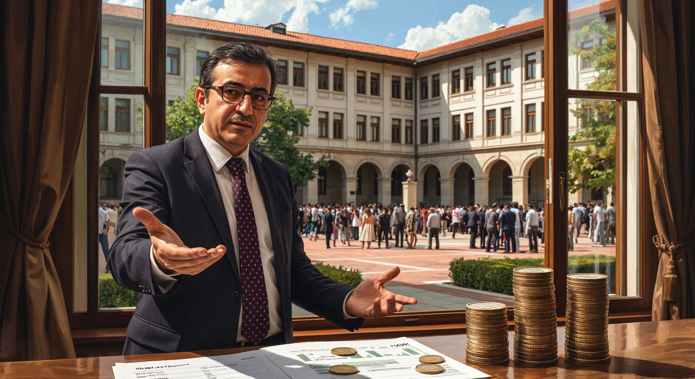 A Turkish university professor in a formal suit stands in front of a financial ledger, pointing at two separate piles of coins labeled "BAP" and "Hazine," with a bustling campus courtyard visible through the window behind him.