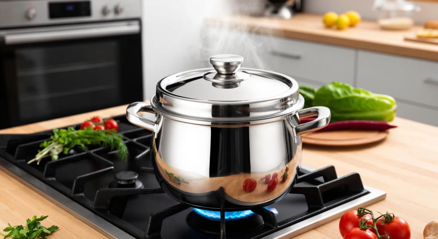 A shiny stainless steel Cooker Bomonti pot with ergonomic handles sits on a modern stovetop in a Turkish kitchen, steam rising from its secure lid, surrounded by fresh vegetables and herbs.