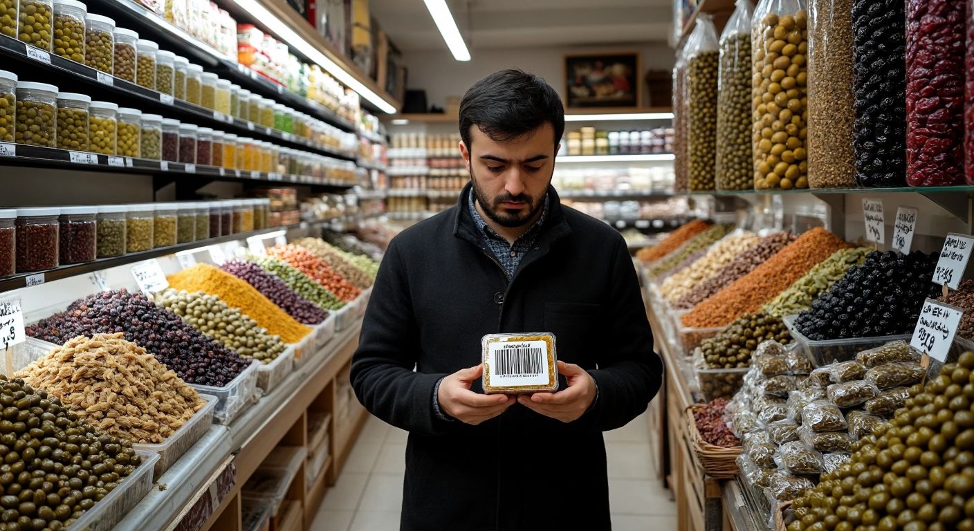 A puzzled shopper in a Turkish market holds a product with an unreadable barcode, surrounded by shelves of colorful local goods like olives, spices, and baklava, while a shopkeeper shrugs helplessly.