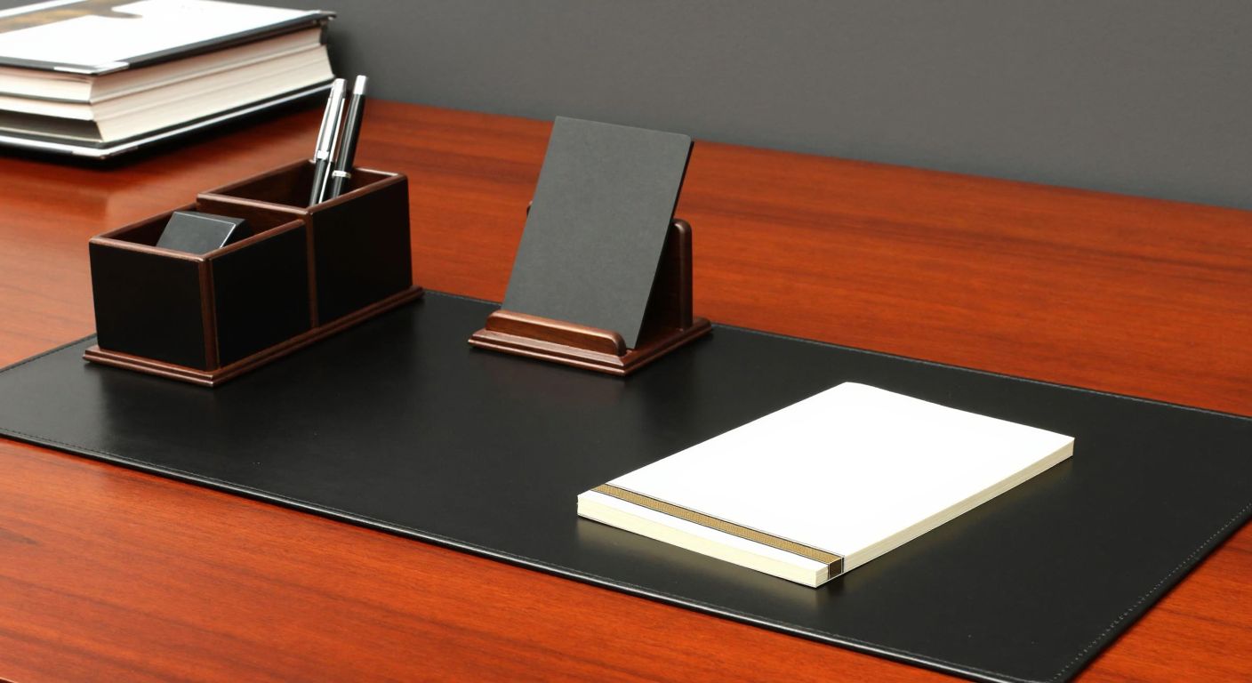A sleek leather desk organizer set with a pen holder, nameplate, and notepad sits beside a smooth, non-slip desk pad on a polished wooden office table in Turkey.