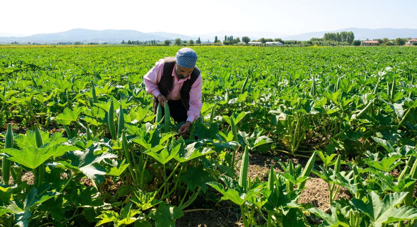 A vibrant field of okra plants under the bright sun in the Mediterranean region, with a farmer in traditional Turkish clothing carefully harvesting fresh green pods.