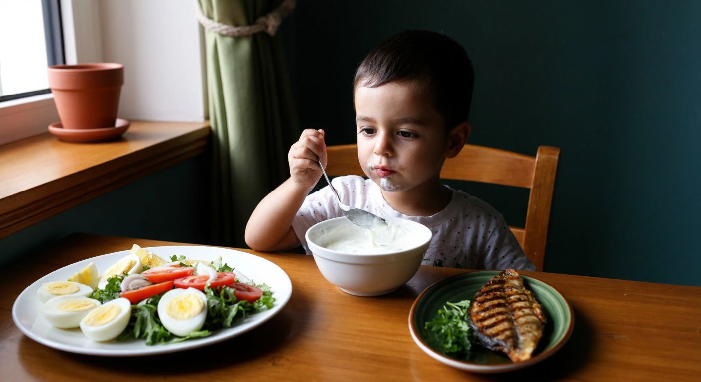 A young child with a fever sits at a wooden table in a Turkish home, eating a bowl of creamy yogurt with a spoon while a plate of grilled fish and boiled eggs sits nearby.