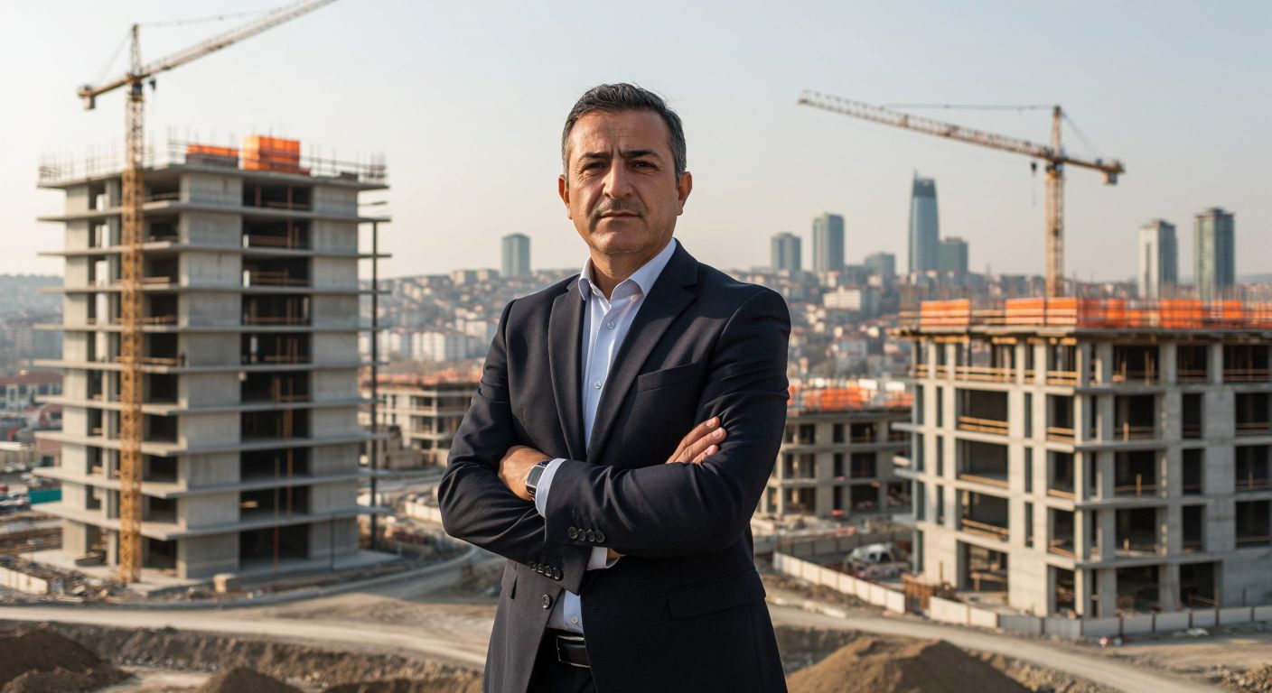 A confident middle-aged Turkish businessman in a suit stands proudly in front of a modern construction site in Samsun, with a distant skyline of Minnesota subtly blended into the background.