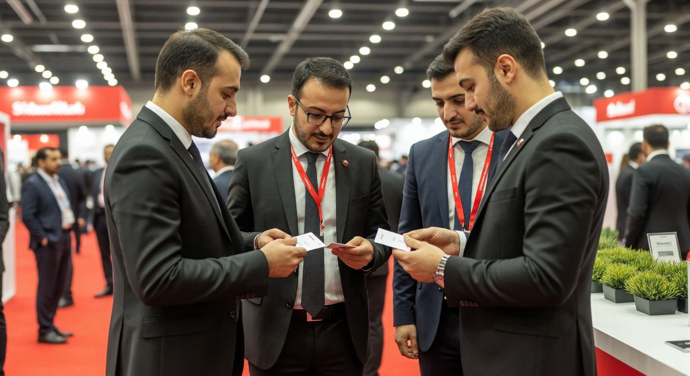 A bustling Istanbul trade fair with well-dressed Turkish businesspeople exchanging business cards and examining product samples under bright exhibition hall lights.