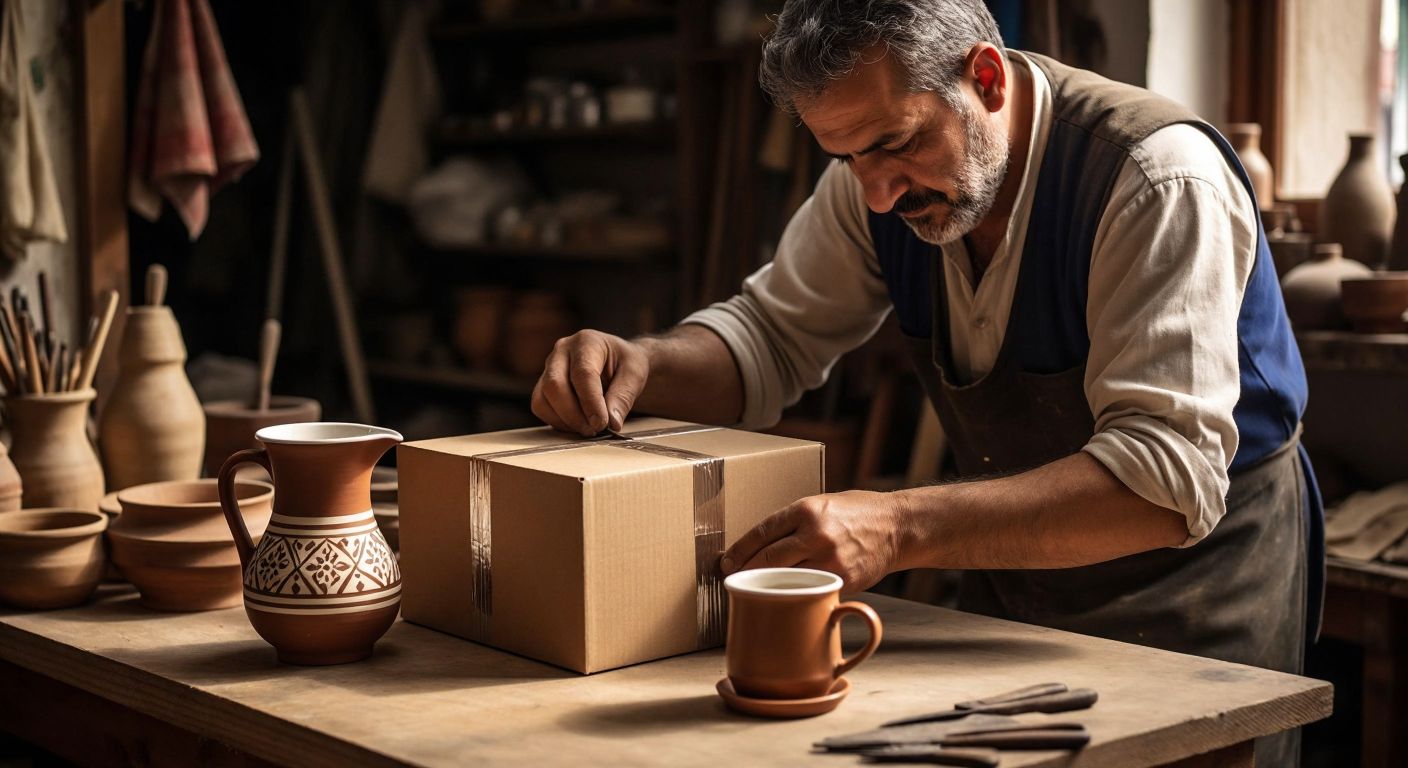 A craftsman in a Turkish workshop carefully assembles a sturdy cardboard box with precise folds, while a traditional ceramic coffee cup sits nearby, ready to be placed inside.