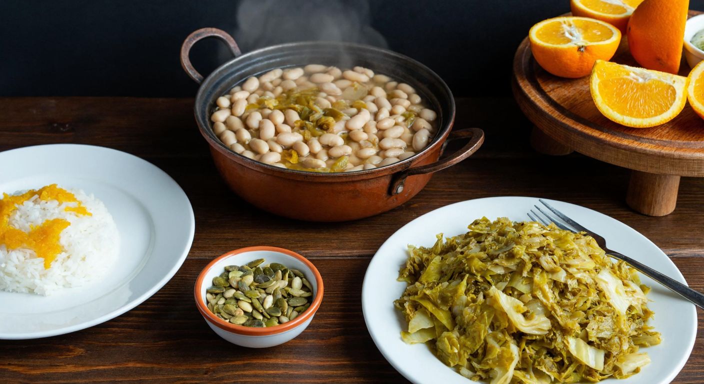 A rustic wooden table in a Turkish kitchen holds a steaming bowl of white beans, a plate of sautéed cabbage, and slices of orange, with a small bowl of roasted pumpkin seeds nearby.