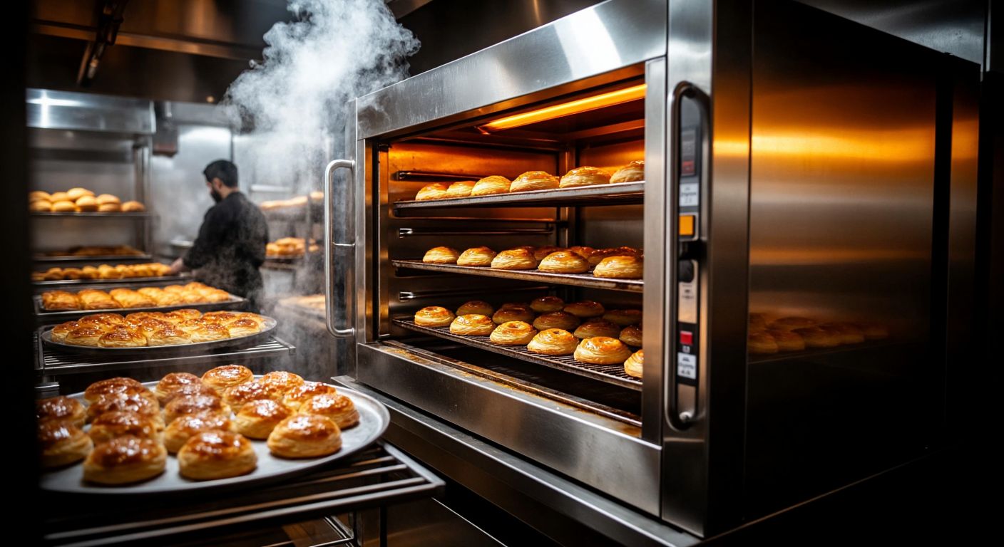 A shiny stainless steel convection oven with rotating trays inside a bustling Turkish bakery, emitting warm steam as golden pastries bake evenly.