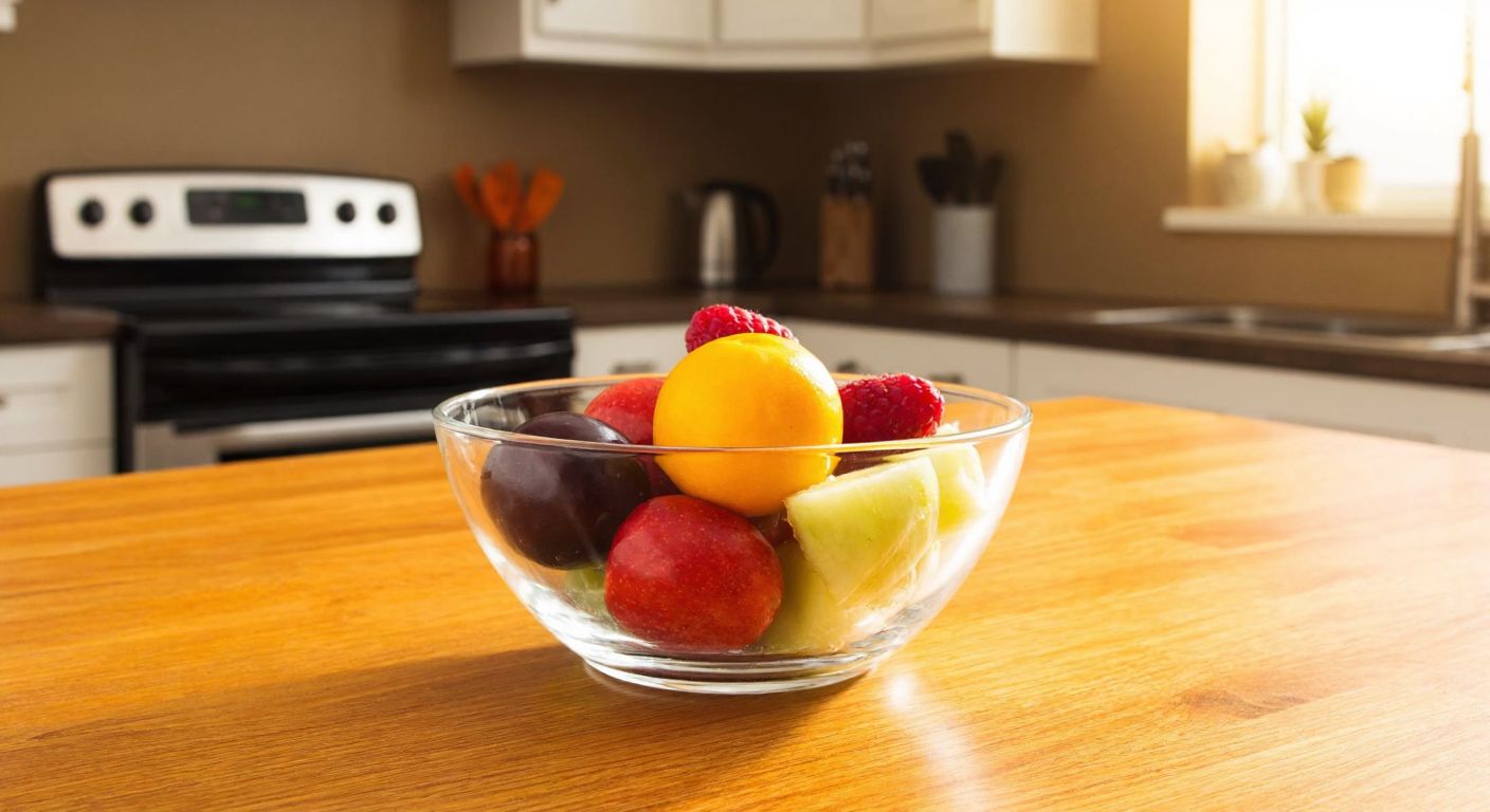 A traditional Turkish glass bowl (Paşabahçe 53923) filled with colorful fresh fruit, resting on a sunlit wooden table in a cozy kitchen.
