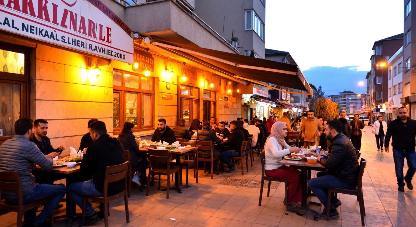 A bustling street in Kırıkkale’s city center, with a small, warmly lit restaurant serving sizzling plates of liver and onions, surrounded by locals chatting and enjoying the meal.