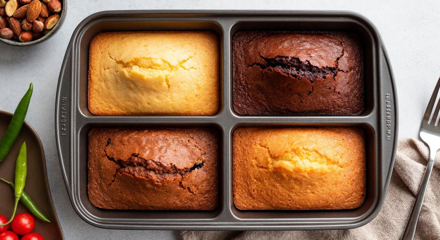 A square baking pan divided into four equal compartments, each filled with a different flavored cake—vanilla, chocolate, fruit, and nut—fresh from the oven, emitting warm, sweet aromas in a cozy Turkish kitchen.