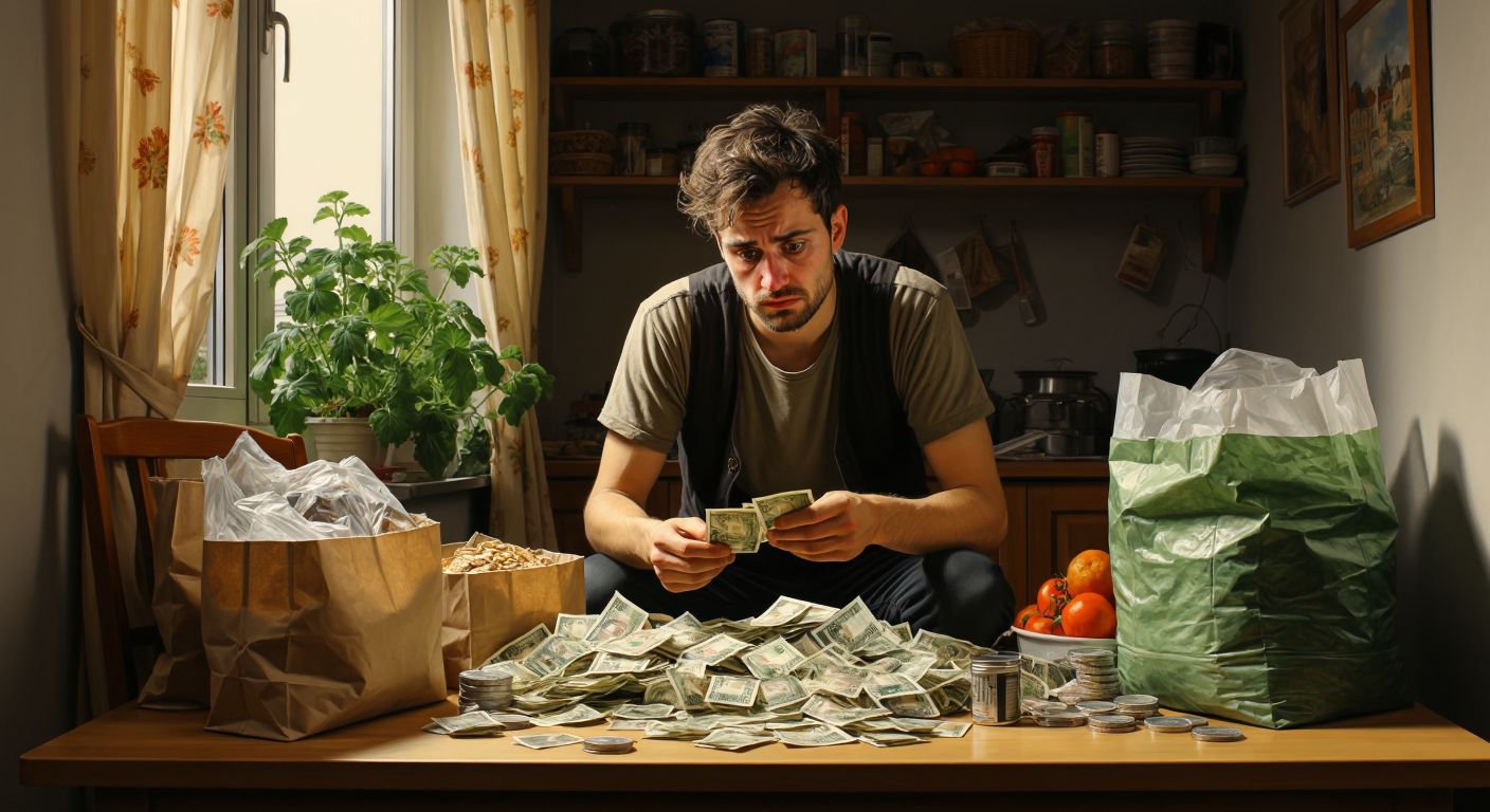 A weary worker in a modest German apartment counting Euro bills with a worried expression, surrounded by grocery bags and a small stack of coins on a wooden table.