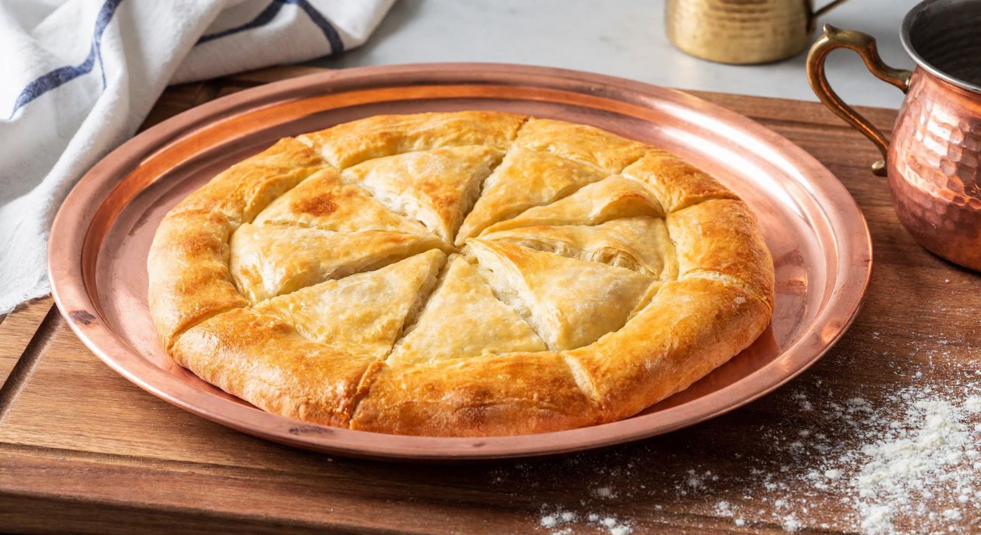 A warm, golden-brown katmer pastry, freshly baked and flaky, resting on a traditional Turkish copper tray, with a dusting of flour visible on a wooden countertop nearby.