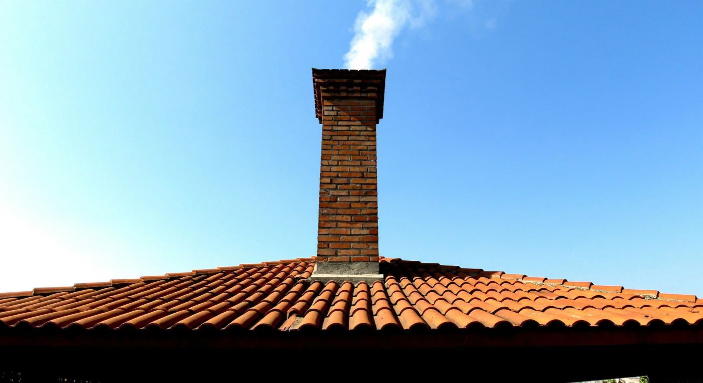 A tall brick chimney rising above a traditional Turkish clay-tiled rooftop, with clear blue skies behind it and faint smoke dispersing safely into the air.