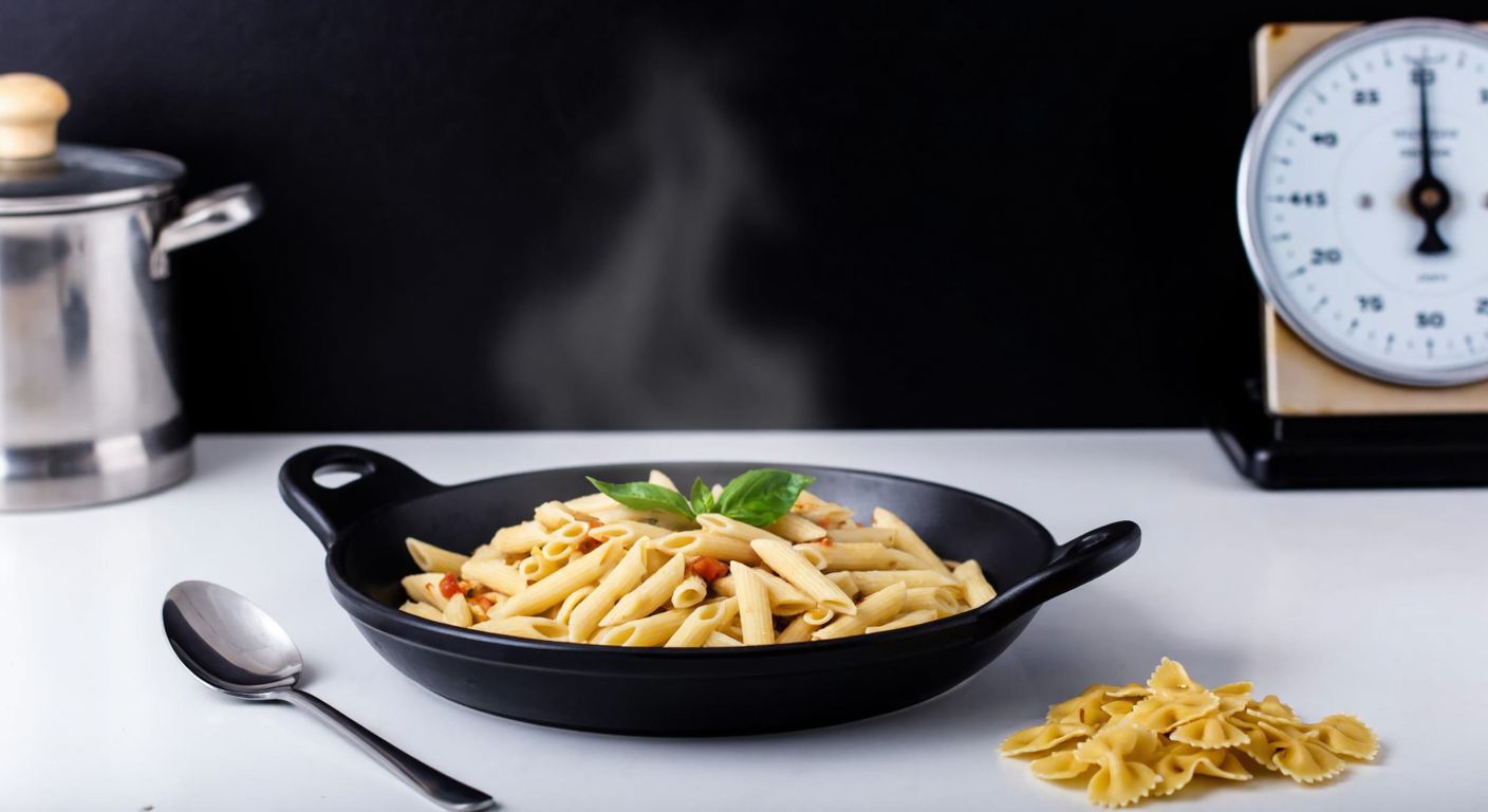 A Turkish kitchen counter with a steaming plate of pasta beside a tablespoon, a small pile of uncooked pasta shapes, and a kitchen scale in the background.