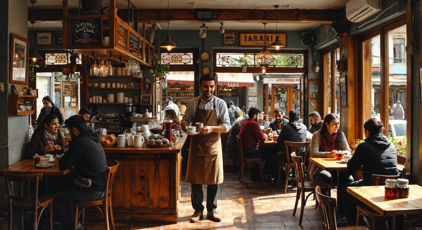 A small, bustling Turkish café with a warm wooden interior, where a smiling owner in an apron serves tea to a handful of customers seated at cozy tables.