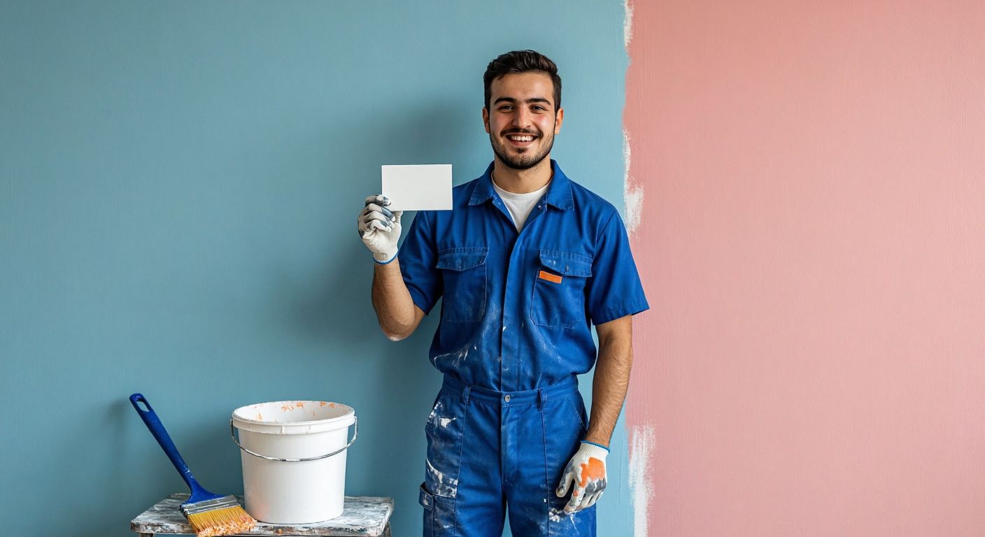 A Turkish painter in a blue work uniform holds up a freshly painted white business card against a half-painted pastel wall, smiling proudly while a paint roller and bucket sit nearby.