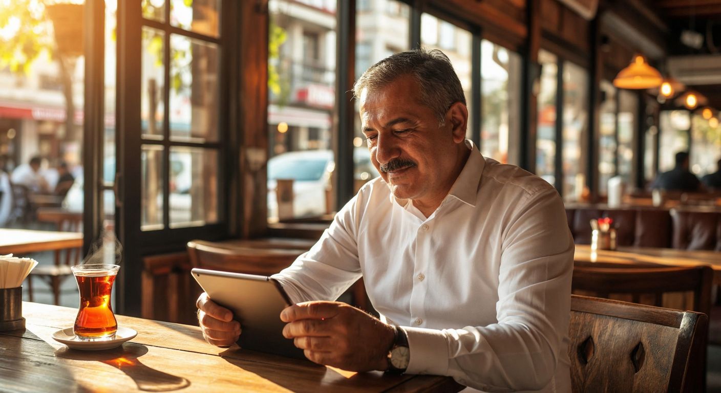 A middle-aged Turkish man in a crisp shirt sits calmly at a wooden desk in a sunlit Istanbul café, holding a steaming cup of Turkish tea while reviewing stock charts on a tablet, his expression reflecting patient optimism.