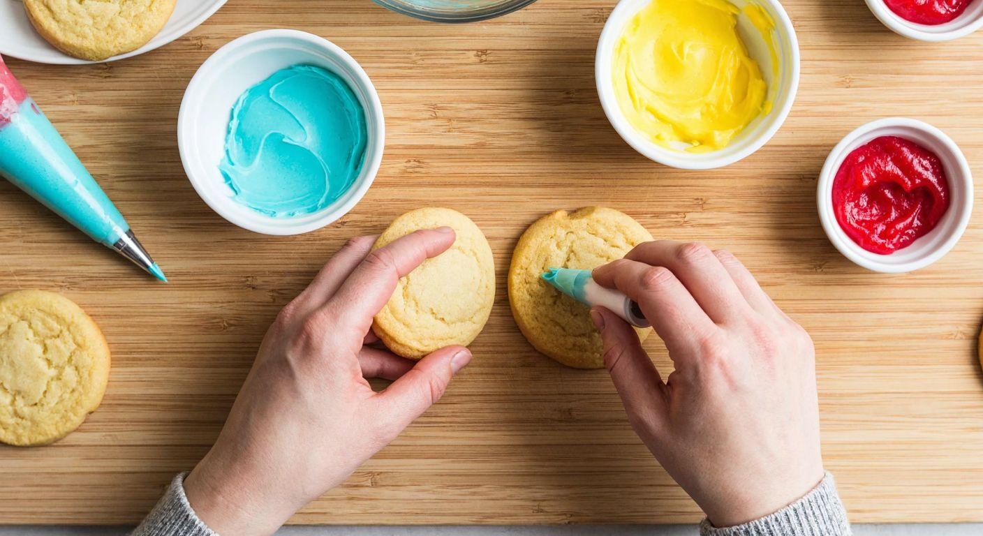 A pair of hands carefully piping vibrant royal icing onto golden-brown cookies on a wooden kitchen counter, surrounded by small bowls of colorful icing and baking tools.