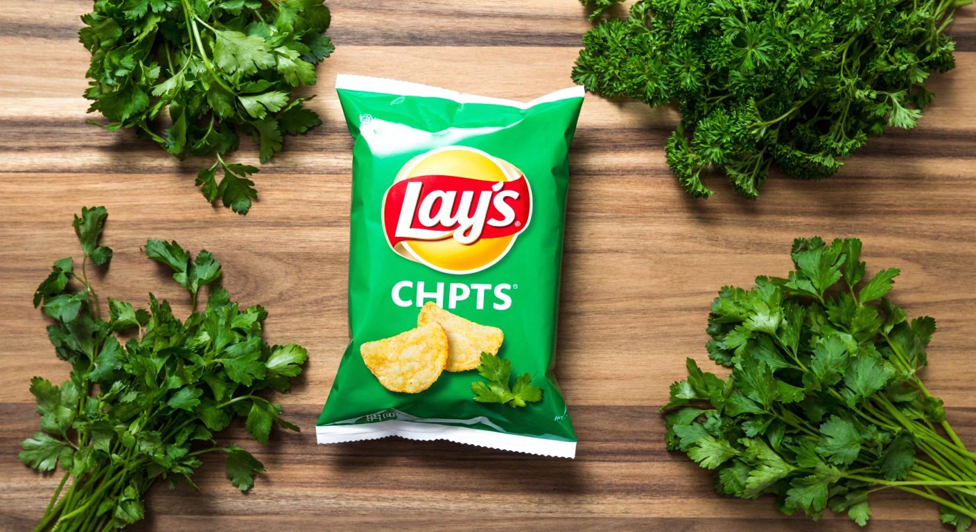 A single green and white Lay's chips bag rests on a wooden table surrounded by fresh parsley, dill, and mint leaves.