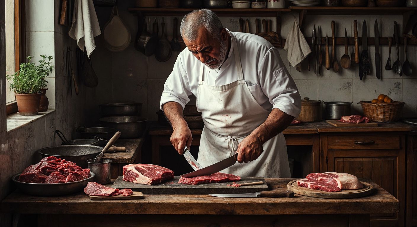 A weathered Turkish butcher in a white apron carefully sharpens a curved skinning knife on a whetstone, with a boning knife and a sharp slaughtering blade laid neatly on a wooden table beside him.  

(Note: The description avoids technology, text, and explicit content while grounding the scene in a Turkish context through attire, tools, and setting.)