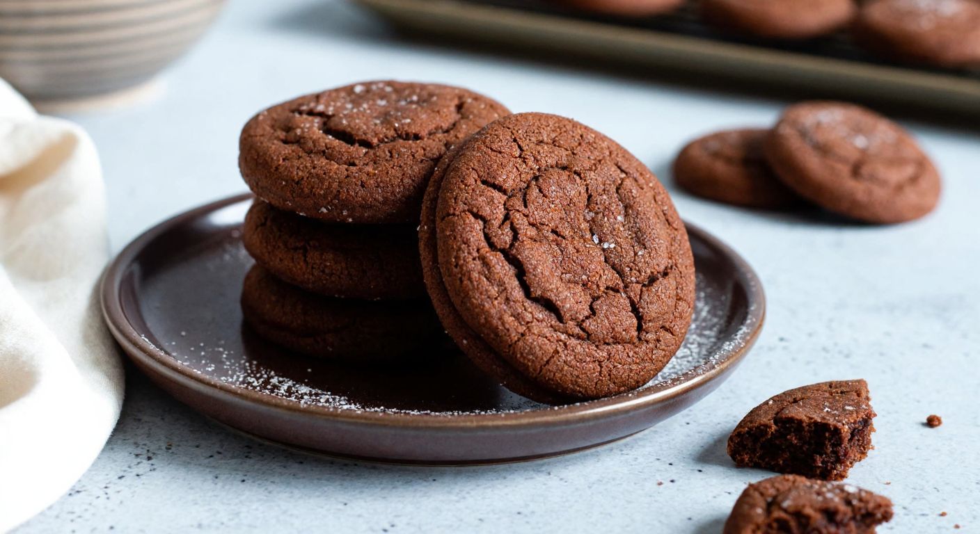 A warm, golden-brown cocoa and starch cookie resting on a rustic Turkish ceramic plate, with a dusting of powdered sugar and a few cookie crumbs scattered nearby.