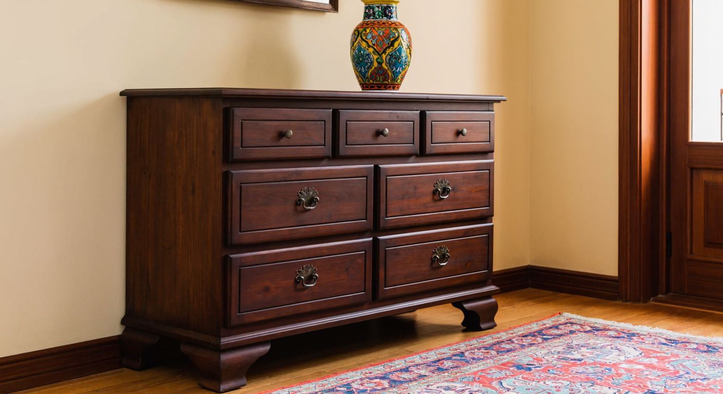 A sturdy wooden dresser with a dark finish is securely mounted to a beige wall in a cozy Turkish home, with a colorful ceramic vase placed on top and a patterned rug beneath it.