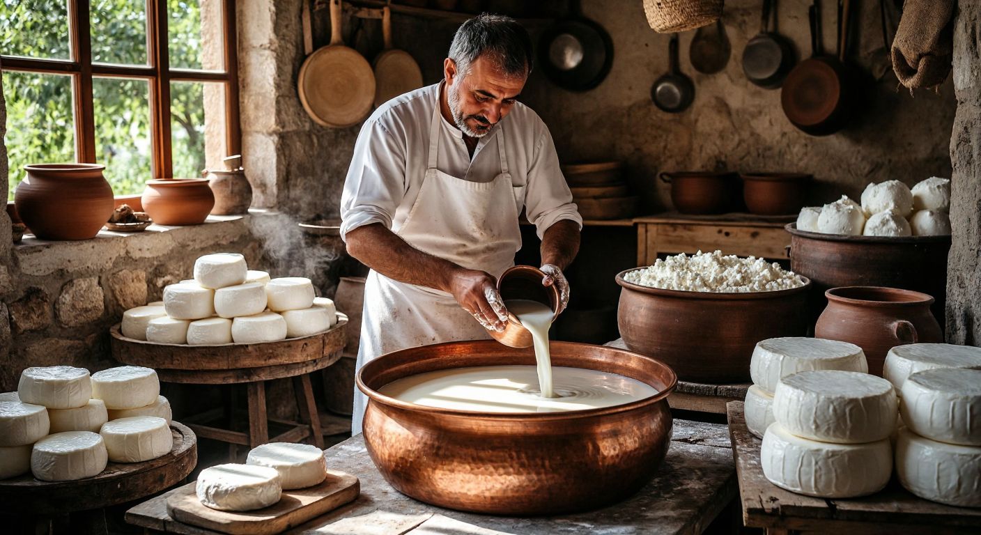 A Turkish dairy farmer in a white apron pours fresh milk into a large copper vat in a sunlit village cheese-making workshop, surrounded by stacked rounds of white cheese and clay pots.
