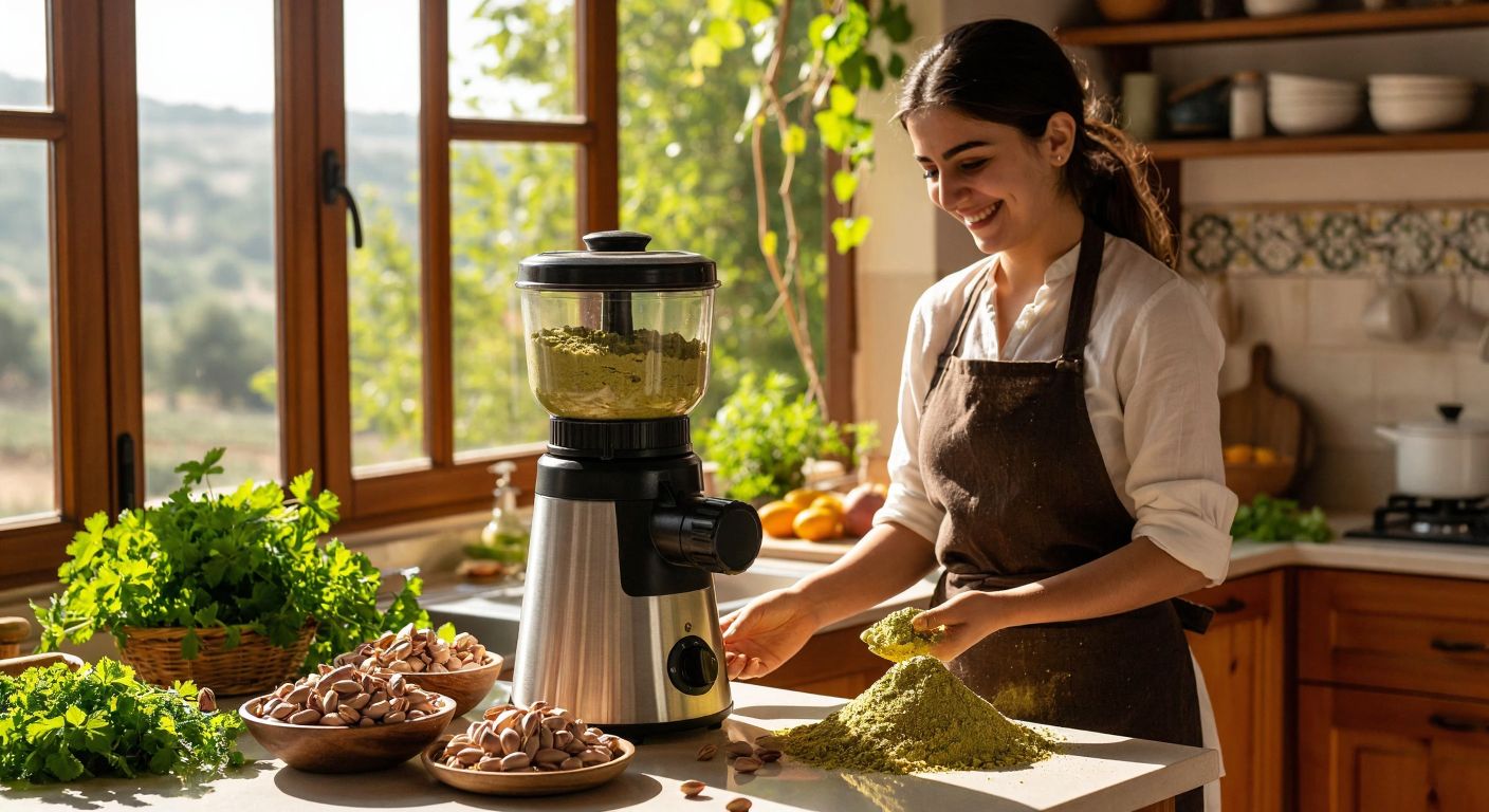 A compact electric peanut grinding machine sits on a sunlit kitchen counter in Turkey, surrounded by fresh pistachios and a small bowl of finely ground pistachio paste, with a smiling woman in a traditional apron observing the process.