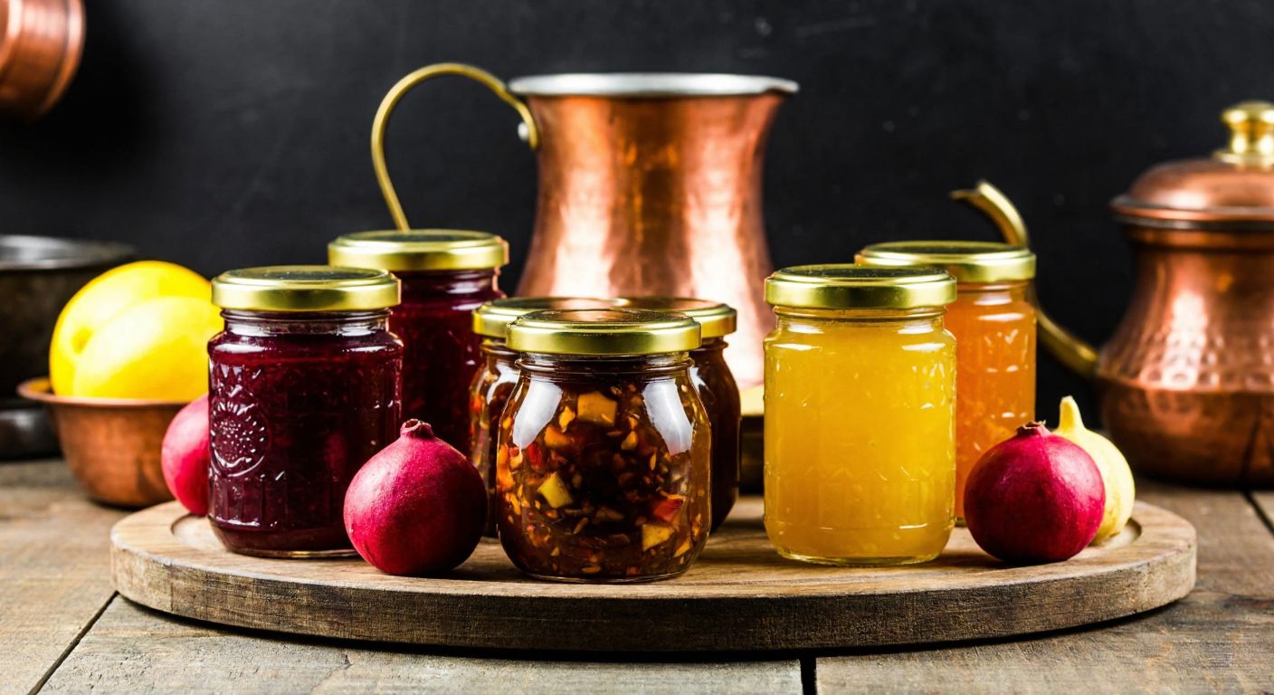A rustic wooden table in a Turkish kitchen holds glass jars of colorful homemade jams with golden lids, surrounded by fresh fruits and a traditional copper pot, evoking warmth and tradition.