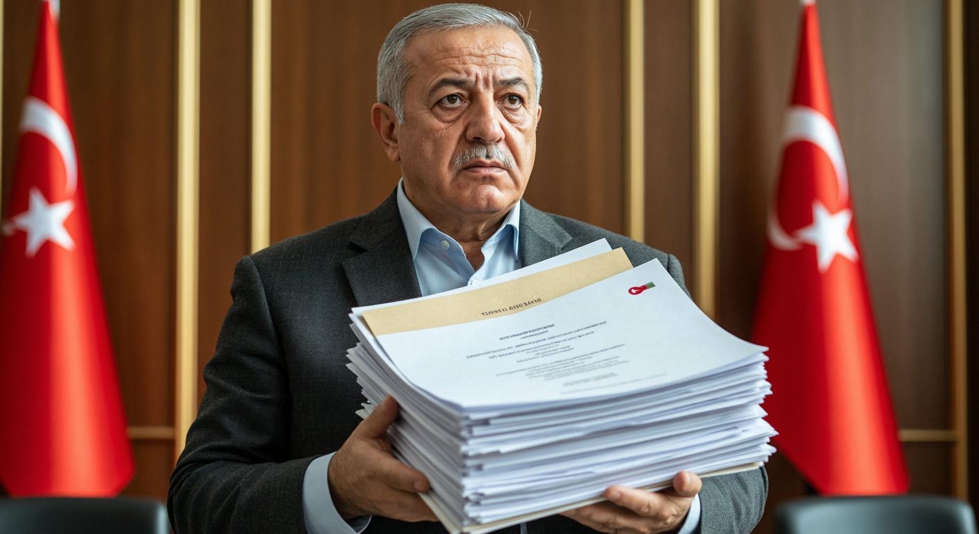 A middle-aged Turkish person holding a stack of retirement documents with a concerned expression, standing in front of a government office with a Turkish flag visible in the background.
