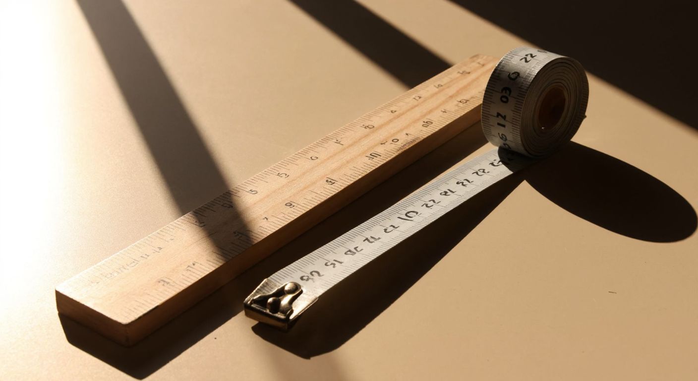 A wooden ruler lies flat on a sunlit table, with a tape measure unfurled beside it, showing the conversion between inches and centimeters.