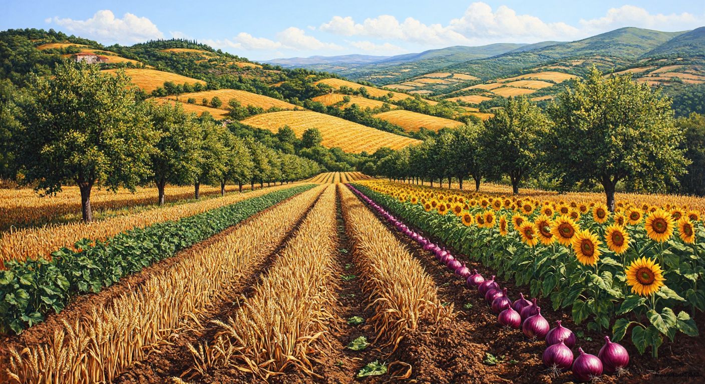 A sunlit Turkish countryside field with rows of walnut trees, golden wheat stalks, vibrant sunflowers, and patches of sugar beets, onions, and garlic, surrounded by rolling green hills under a clear blue sky.