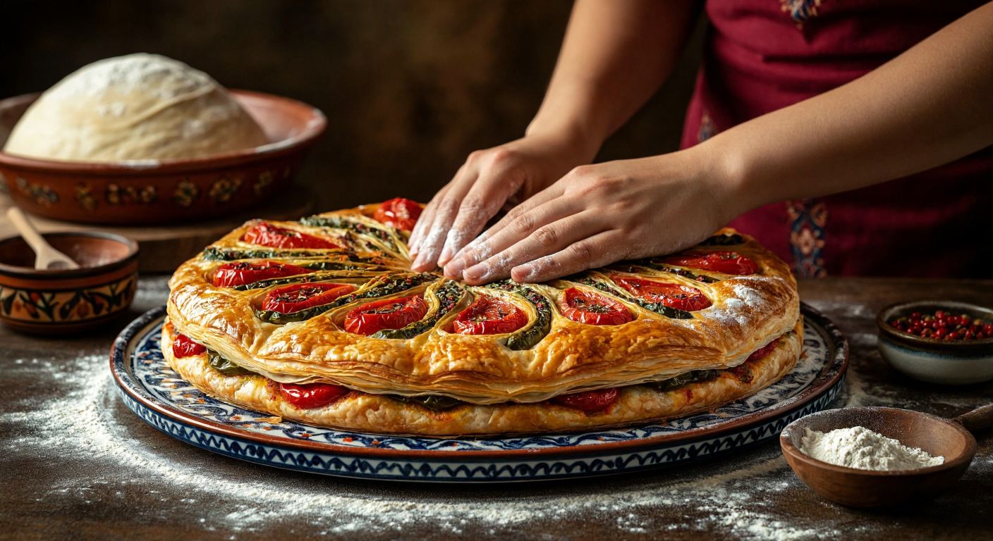 A golden-brown layered pastry (börek) with vibrant red, green, and yellow fillings, resting on a traditional Turkish ceramic plate, surrounded by flour-dusted hands holding a rolling pin and fresh yufka dough.