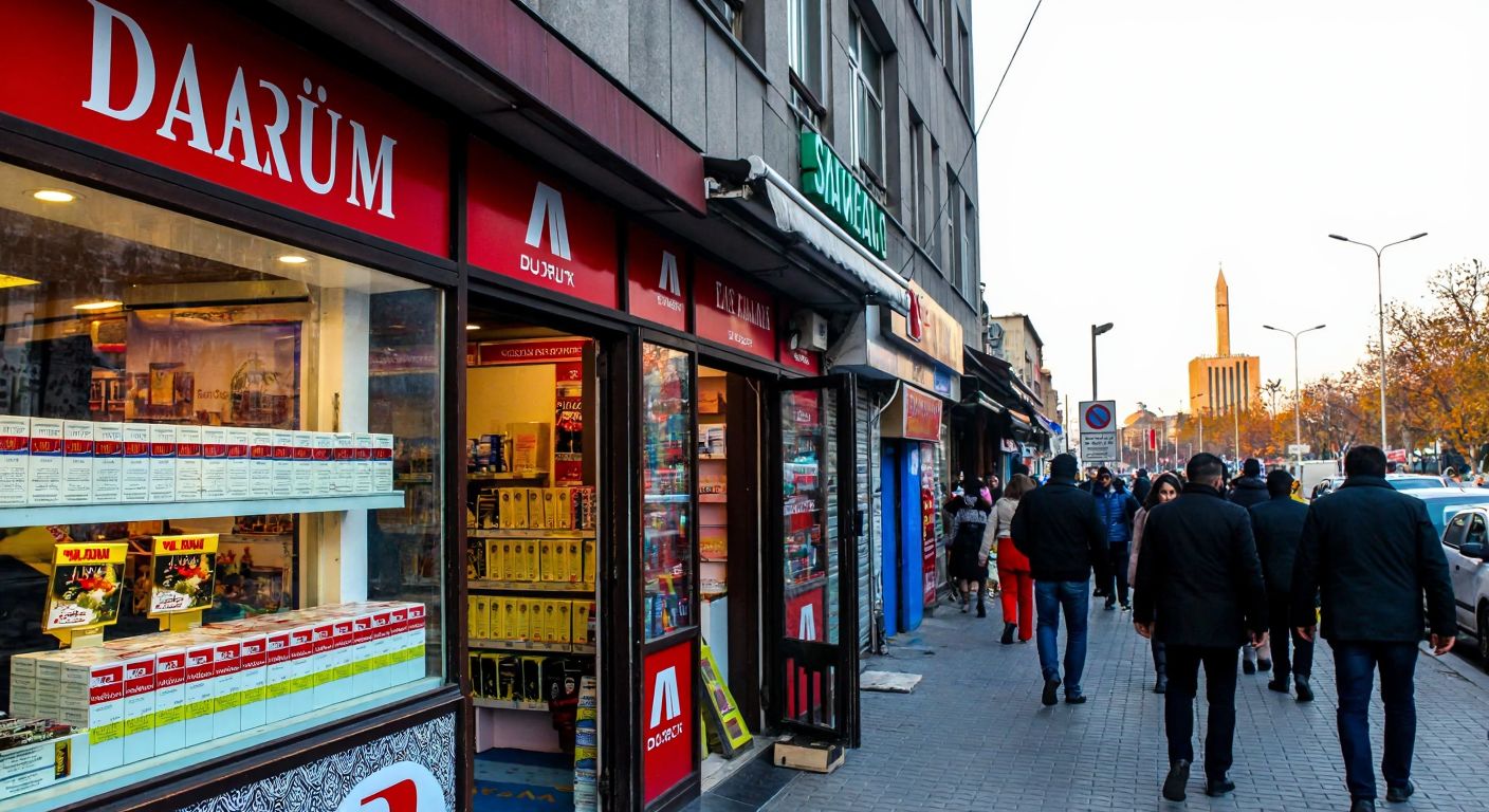 A bustling Ankara street scene with a small tobacco shop displaying Djarum cigarette packs in its window, surrounded by people walking past and the silhouette of Kızılay's landmarks in the background.