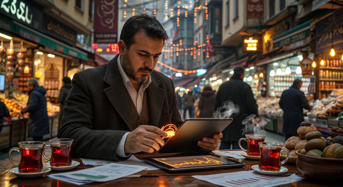 A Turkish trader in a bustling Istanbul bazaar gazes intently at a glowing stock chart on a tablet, surrounded by steaming cups of çay and scattered financial documents.
