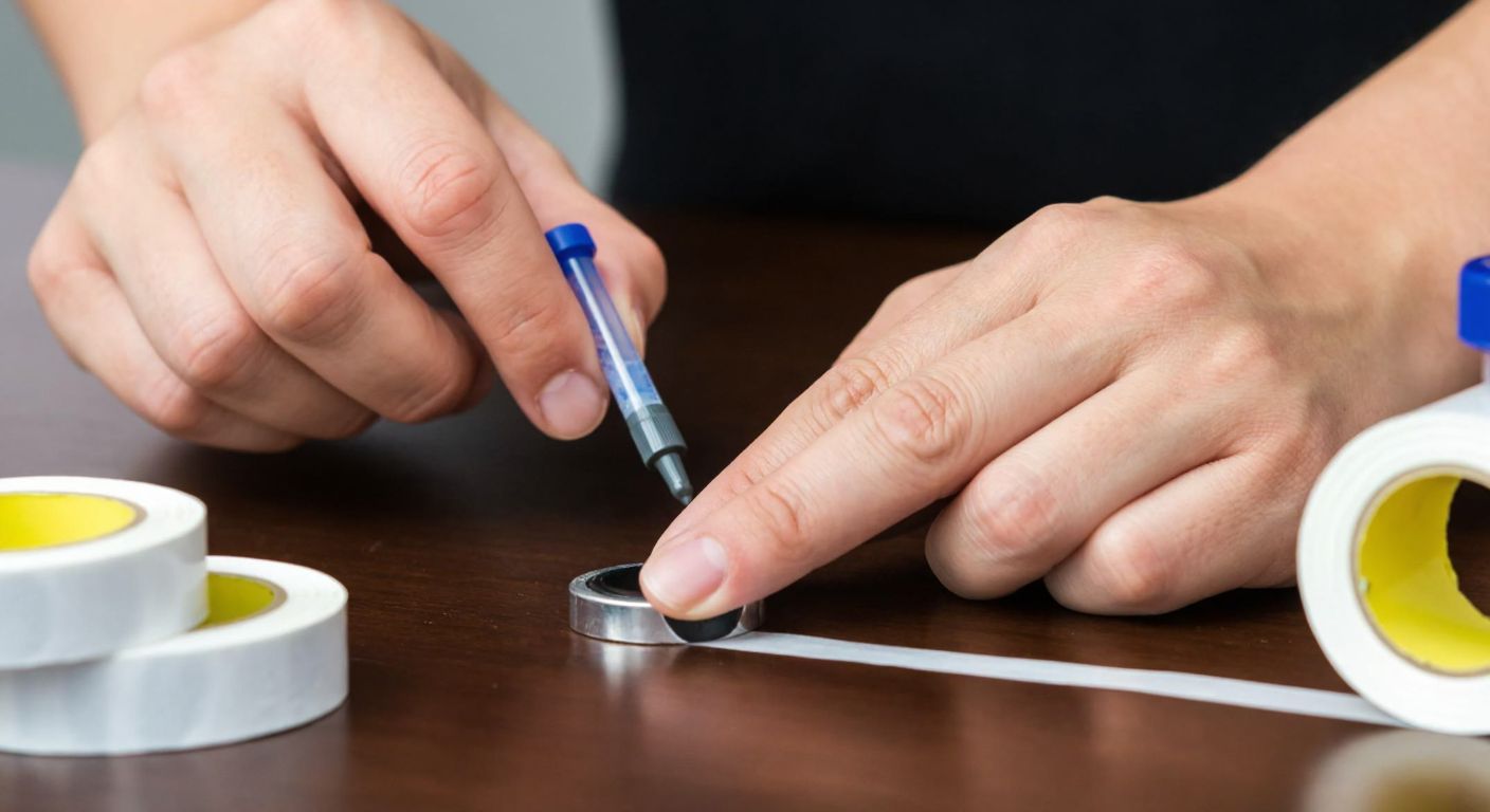 A close-up of a person’s hands carefully applying super glue to a small, shiny magnet on a clean wooden table, with a roll of double-sided tape and a bottle of epoxy nearby.