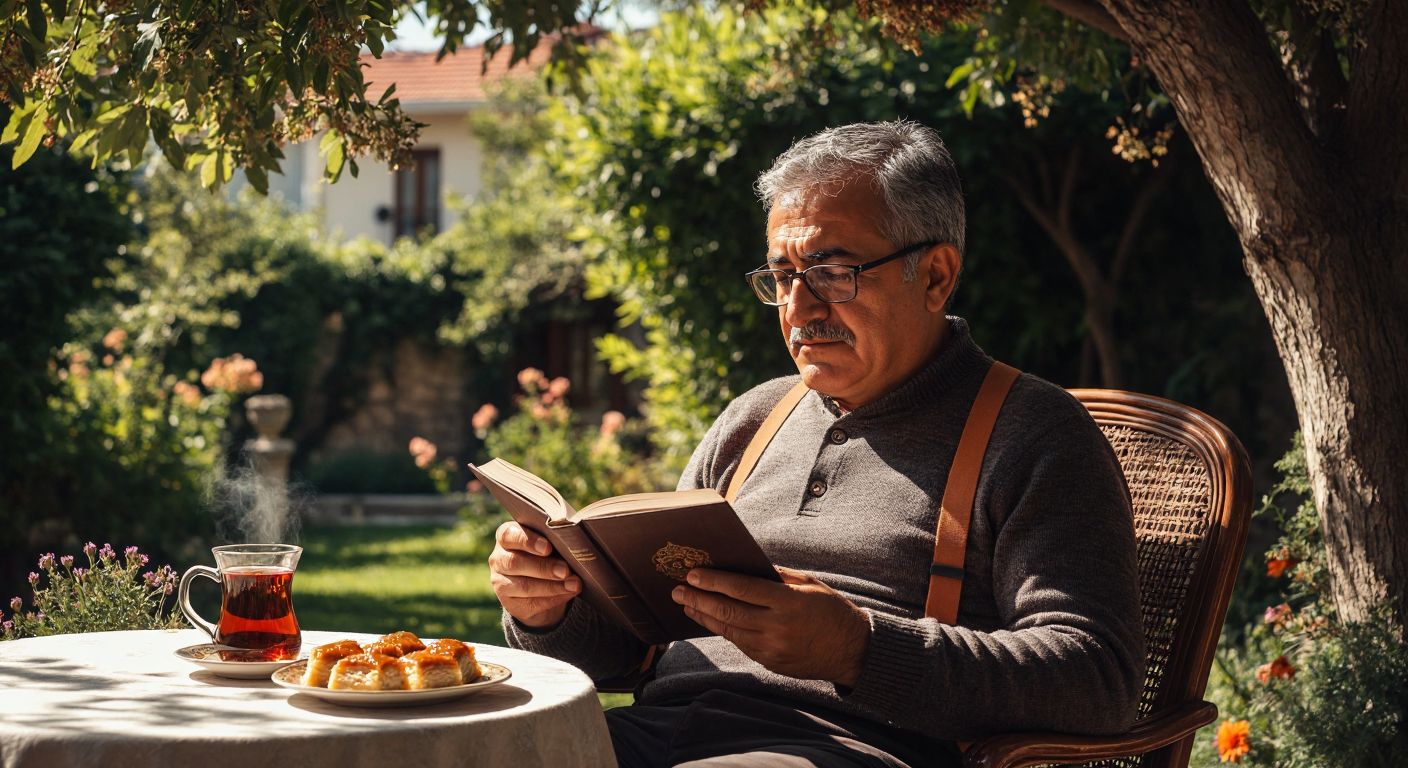 A middle-aged Turkish man with salt-and-pepper hair wearing a neck-strap reading glasses while comfortably sipping çay in a sunlit garden, his hands free to hold a book and a small plate of baklava.