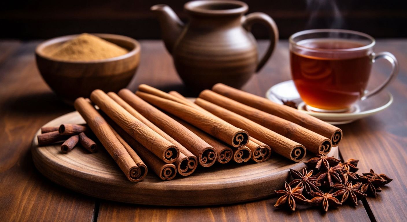 A warm Turkish kitchen with a wooden table displaying two types of cinnamon sticks—one light brown and thinly rolled (Ceylon) and another dark brown with thick bark (Cassia)—next to a small bowl of ground cinnamon and a steaming cup of herbal tea.