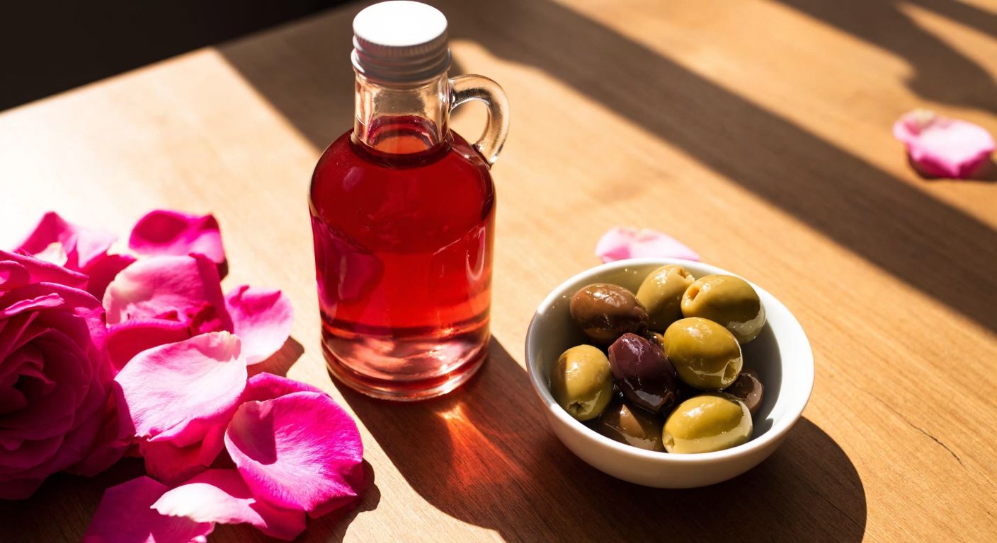 A glass bottle of rose vinegar sits on a sunlit wooden table beside fresh pink rose petals and a small bowl of Turkish olives.