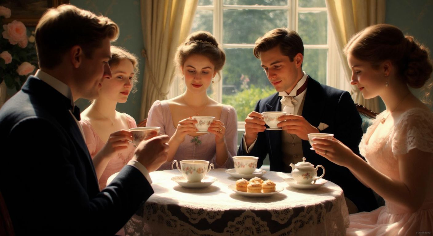 A group of elegantly dressed British people in a cozy, sunlit parlor, sipping tea from delicate porcelain cups while enjoying small pastries on a lace-covered table.