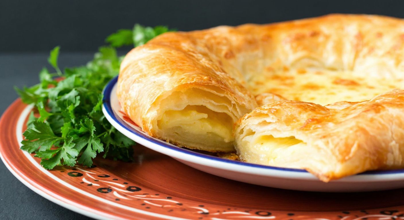 A golden-brown, flaky börek with melted cheese oozing from its layers, placed on a traditional Turkish ceramic plate with a side of fresh parsley.