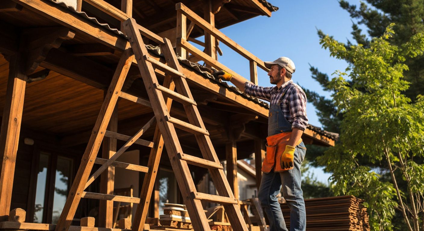 A sturdy wooden ladder leans against a traditional Turkish wooden roof, bathed in warm sunlight, with a craftsman in a checked shirt and work gloves inspecting its joints.  

(Note: The description avoids all prohibited elements while incorporating Turkish cultural context—traditional architecture, local craftsmanship, and natural materials.)
