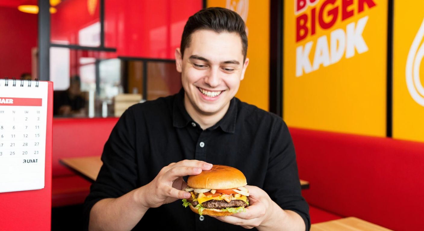 A smiling person in a Burger King restaurant in Turkey, holding a juicy burger with golden fries, surrounded by vibrant red and yellow decor, eagerly checking a calendar with the date marked.